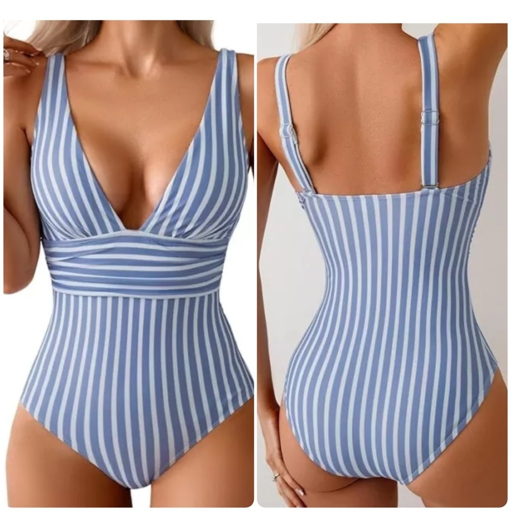 Blue White Deep V Swimsuit